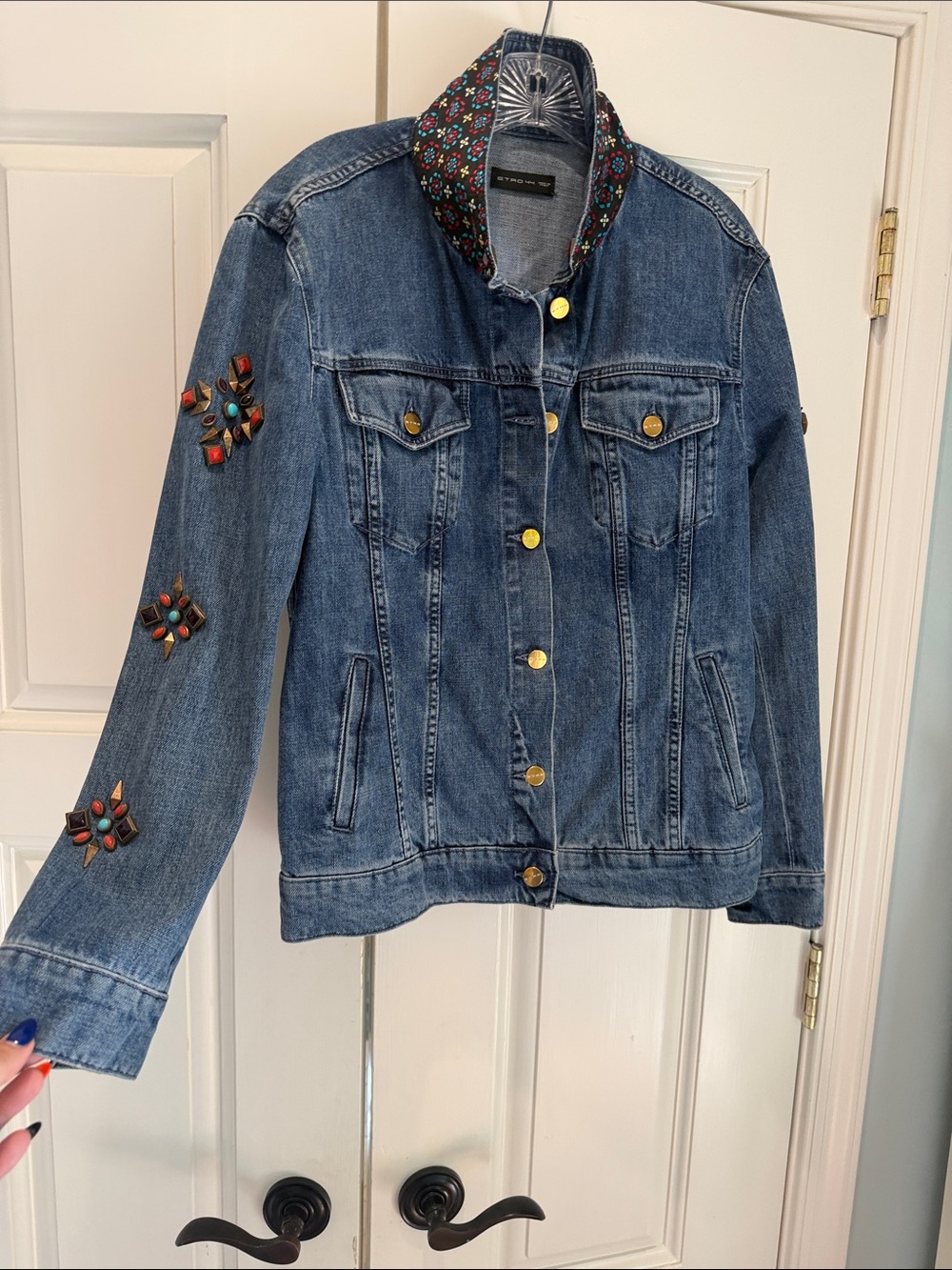 Very Rare Etro Denim Jacket with Embellished Sleeves - Blue